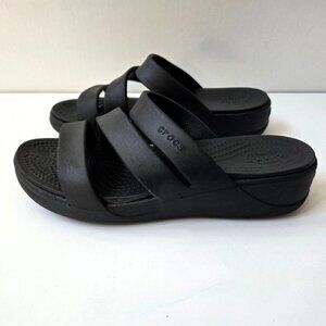 Crocs Shoes Womens 8 Black Monterey Strappy Wedge Slip On Comfort Sandals